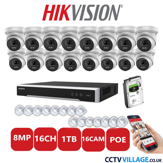 Hikvision 8MP IP CCTV System 16 Channel NVR-DS7616NI-I2/16P with 16x Turret Cameras DS-2CD2387G2-LU White 1TB HDD Full Kit