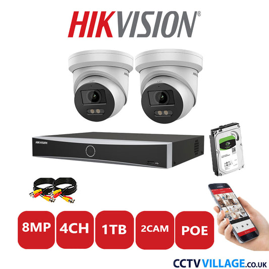 Hikvision 8MP IP CCTV Kit 4 Channel NVR-DS7604NXI-K1/4P with 2x Turret Cameras DS-2CD2387G2-LU White 1TB HDD Full Kit