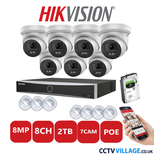 Hikvision 8MP IP CCTV System 8 Channel NVR-DS7608NXI-K1/8P with 7x Turret Cameras DS-2CD2387G2-LU White 2TB HDD Full Kit