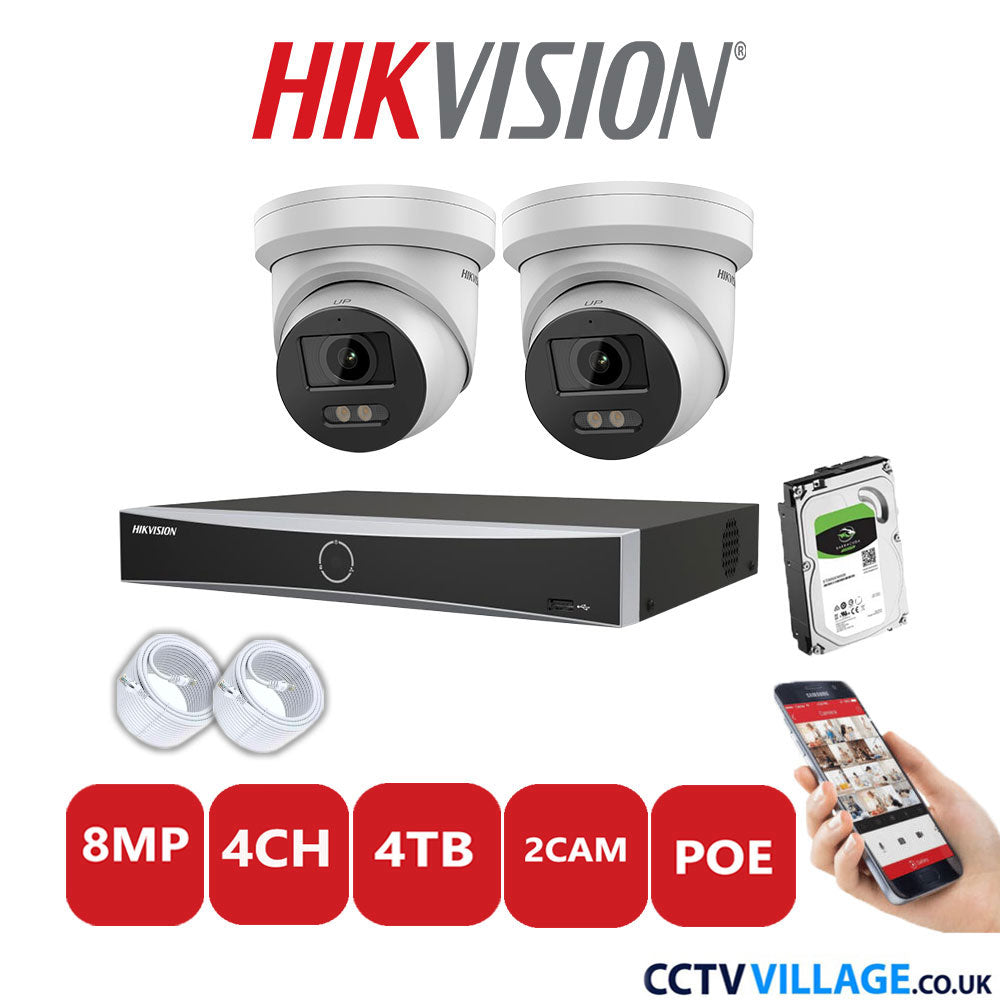 Hikvision 8MP IP CCTV System 4 Channel NVR-DS7604NXI-K1/4P with 2x Turret Cameras DS-2CD2387G2-LU White 4TB HDD Full Kit