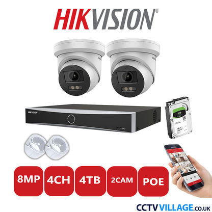Hikvision 8MP IP CCTV System 4 Channel NVR-DS7604NXI-K1/4P with 2x Turret Cameras DS-2CD2387G2-LU White 4TB HDD Full Kit