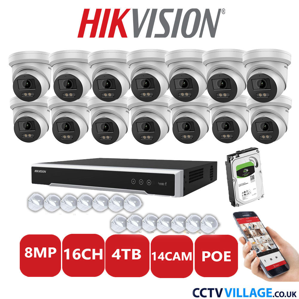 Hikvision 8MP IP CCTV System 16 Channel NVR-DS7616NI-I2/16P with 14x Turret Cameras DS-2CD2387G2-LU White 4TB HDD Full Kit