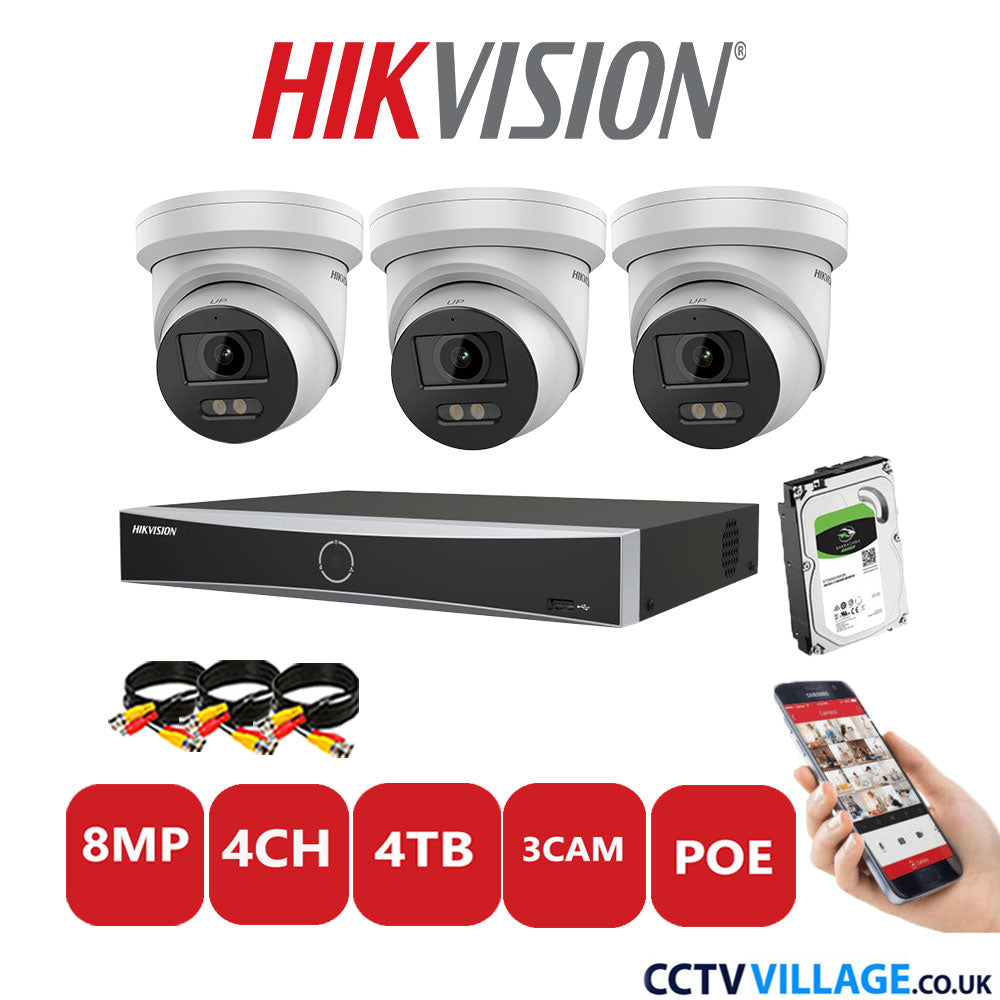 Hikvision 8MP IP CCTV Kit 4 Channel NVR-DS7604NXI-K1/4P with 3x Turret Cameras DS-2CD2387G2-LU White 4TB HDD Full Kit