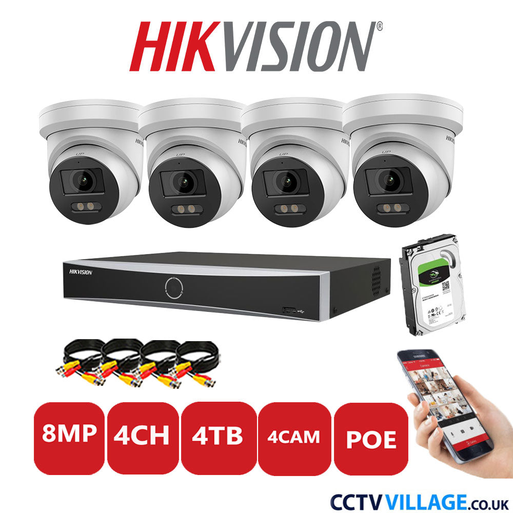 Hikvision 8MP IP CCTV Kit 4 Channel NVR-DS7604NXI-K1/4P with 4x Turret Cameras DS-2CD2387G2-LU White 4TB HDD Full Kit