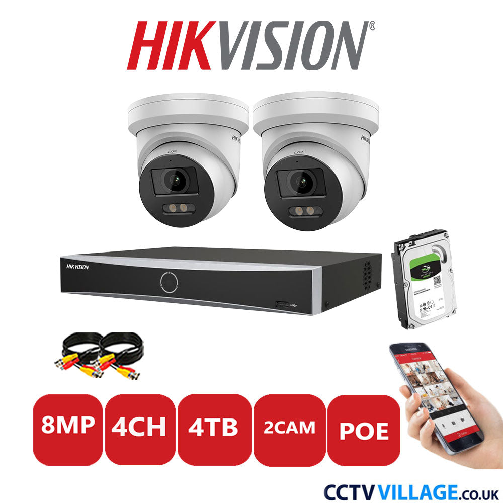 Hikvision 8MP IP CCTV Kit 4 Channel NVR-DS7604NXI-K1/4P with 2x Turret Cameras DS-2CD2387G2-LU White 4TB HDD Full Kit