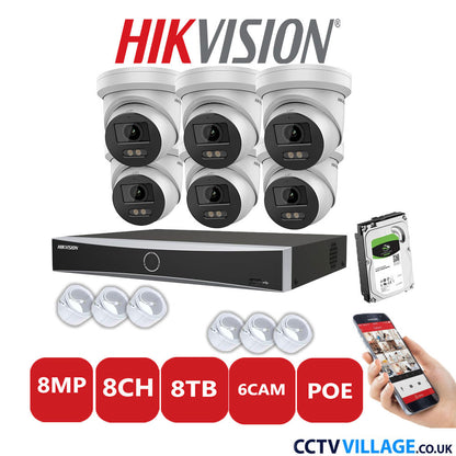 Hikvision 8MP IP CCTV System 8 Channel NVR-DS7608NXI-K2/8P with 6x Turret Cameras DS-2CD2387G2-LU White 8TB HDD Full Kit