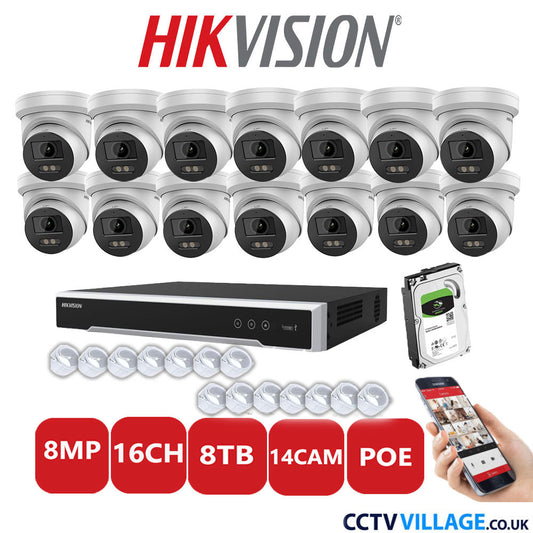 Hikvision 8MP IP CCTV System 16 Channel NVR-DS7616NI-I2/16P with 14x Turret Cameras DS-2CD2387G2-LU White 8TB HDD Full Kit