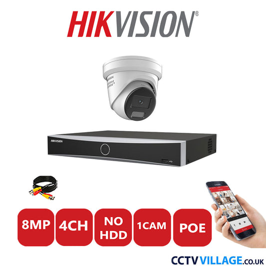 Hikvision 8MP IP CCTV Kit 4 Channel NVR-DS7604NXI-K1/4P with 1x Turret Camera DS-2CD2387G2H-LISU/SL White No HDD Full Kit