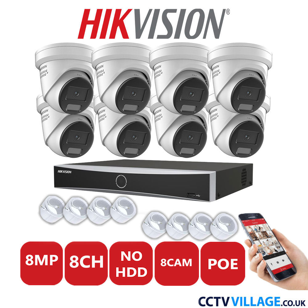 Hikvision 8MP IP CCTV System 8 Channel NVR-DS7608NXI-K2/8P with 8x Turret Cameras DS-2CD2387G2H-LISU/SL White No HDD Full Kit