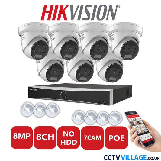 Hikvision 8MP IP CCTV System 8 Channel NVR-DS7608NXI-K1/8P with 7x Turret Cameras DS-2CD2387G2H-LISU/SL White No HDD Full Kit