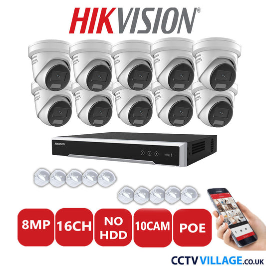 Hikvision 8MP IP CCTV System 16 Channel NVR-DS7616NI-I2/16P with 10x Turret DS-2CD2387G2H-LISU/SL White No HDD Full Kit