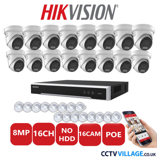 Hikvision 8MP IP CCTV System 16 Channel NVR-DS7616NI-I2/16P with 16x Turret DS-2CD2387G2H-LISU/SL White No HDD Full Kit