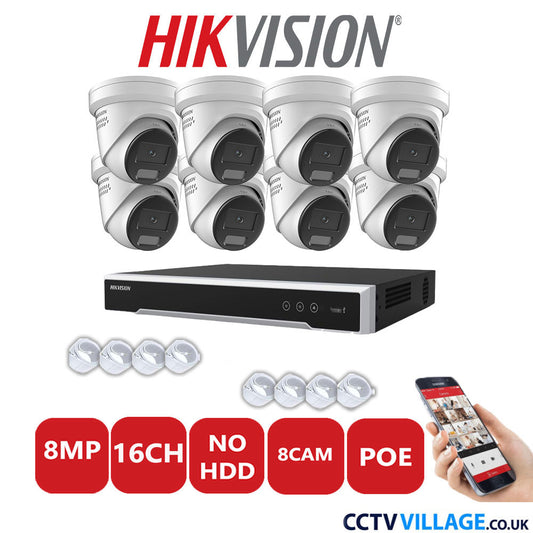 Hikvision 8MP IP CCTV System 16 Channel NVR-DS7616NI-I2/16P with 8x Turret DS-2CD2387G2H-LISU/SL White No HDD Full Kit