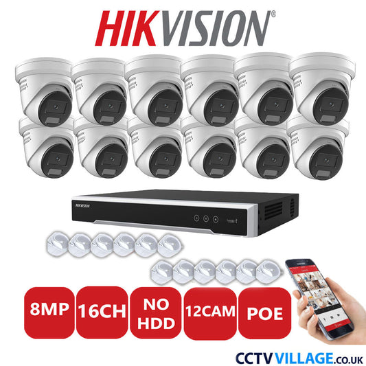 Hikvision 8MP IP CCTV System 16 Channel NVR-DS7616NI-I2/16P with 12x Turret DS-2CD2387G2H-LISU/SL White No HDD Full Kit