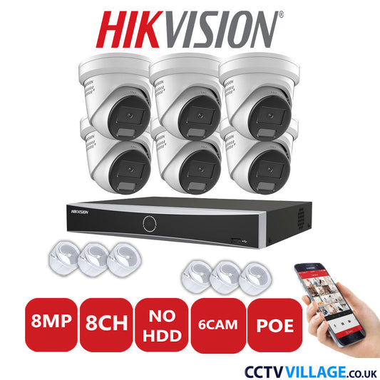 Hikvision 8MP IP CCTV System 8 Channel NVR-DS7608NXI-K1/8P with 6x Turret Cameras DS-2CD2387G2H-LISU/SL White No HDD Full Kit