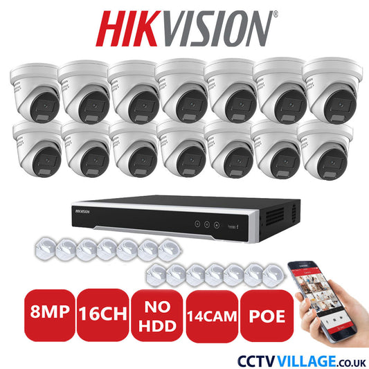 Hikvision 8MP IP CCTV System 16 Channel NVR-DS7616NI-I2/16P with 14x Turret DS-2CD2387G2H-LISU/SL White No HDD Full Kit