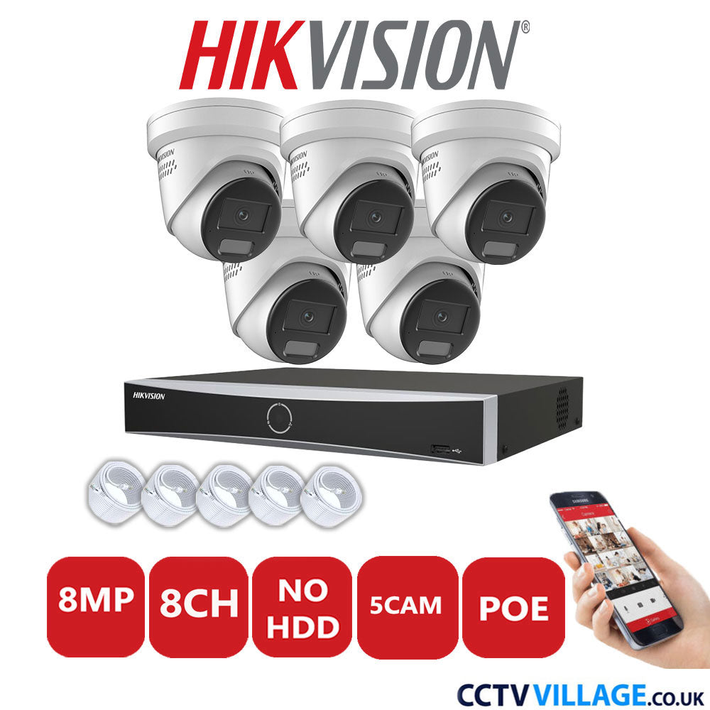 Hikvision 8MP IP CCTV System 8 Channel NVR-DS7608NXI-K2/8P with 5x Turret Cameras DS-2CD2387G2H-LISU/SL White No HDD Full Kit