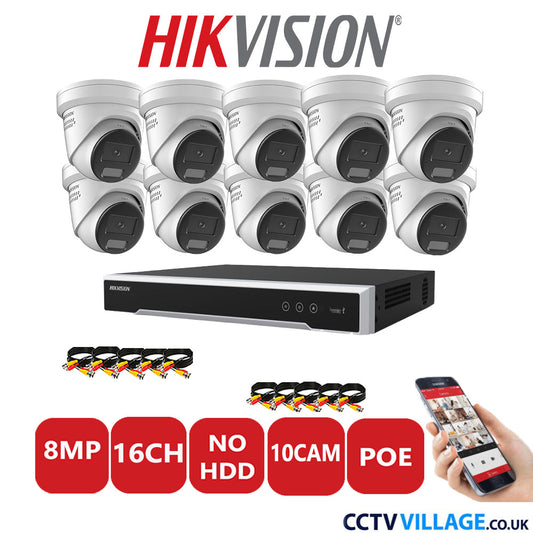 Hikvision 8MP IP CCTV System 16 Channel NVR-DS7616NI-I2/16P with 10x Turret DS-2CD2387G2H-LISU/SL White No HDD Full Kit