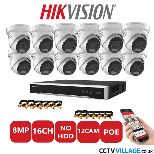 Hikvision 8MP IP CCTV System 16 Channel NVR-DS7616NI-I2/16P with 12x Turret DS-2CD2387G2H-LISU/SL White No HDD Full Kit