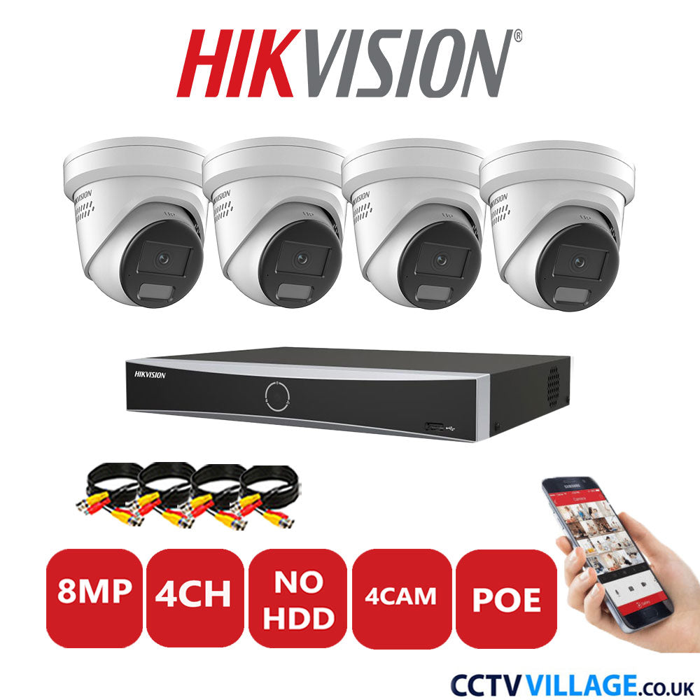 Hikvision 8MP IP CCTV Kit 4 Channel NVR-DS7604NXI-K1/4P with 4x Turret Cameras DS-2CD2387G2H-LISU/SL White NO HDD Full Kit