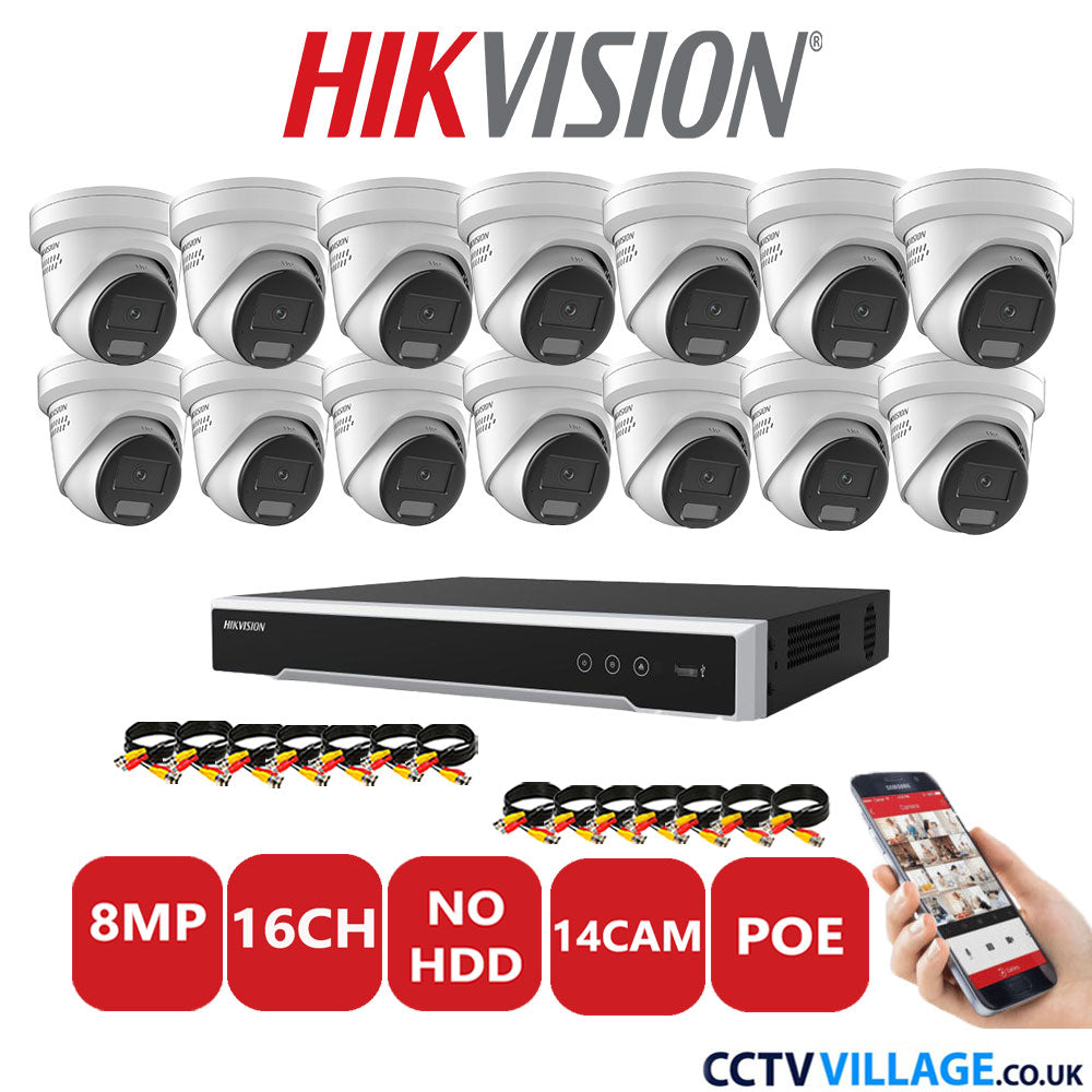 Hikvision 8MP IP CCTV System 16 Channel NVR-DS7616NI-I2/16P with 14x Turret DS-2CD2387G2H-LISU/SL White No HDD Full Kit