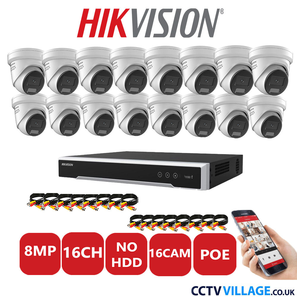 Hikvision 8MP IP CCTV System 16 Channel NVR-DS7616NI-I2/16P with 16x Turret DS-2CD2387G2H-LISU/SL White No HDD Full Kit