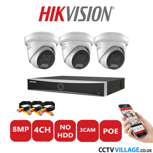 Hikvision 8MP IP CCTV Kit 4 Channel NVR-DS7604NXI-K1/4P with 3x Turret Cameras DS-2CD2387G2H-LISU/SL White No HDD Full Kit