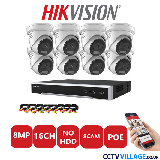 Hikvision 8MP IP CCTV System 16 Channel NVR-DS7616NI-I2/16P with 8x Turret DS-2CD2387G2H-LISU/SL White No HDD Full Kit