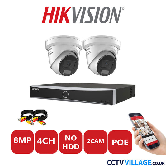 Hikvision 8MP IP CCTV Kit 4 Channel NVR-DS7604NXI-K1/4P with 2x Turret Cameras DS-2CD2387G2H-LISU/SL White No HDD Full Kit