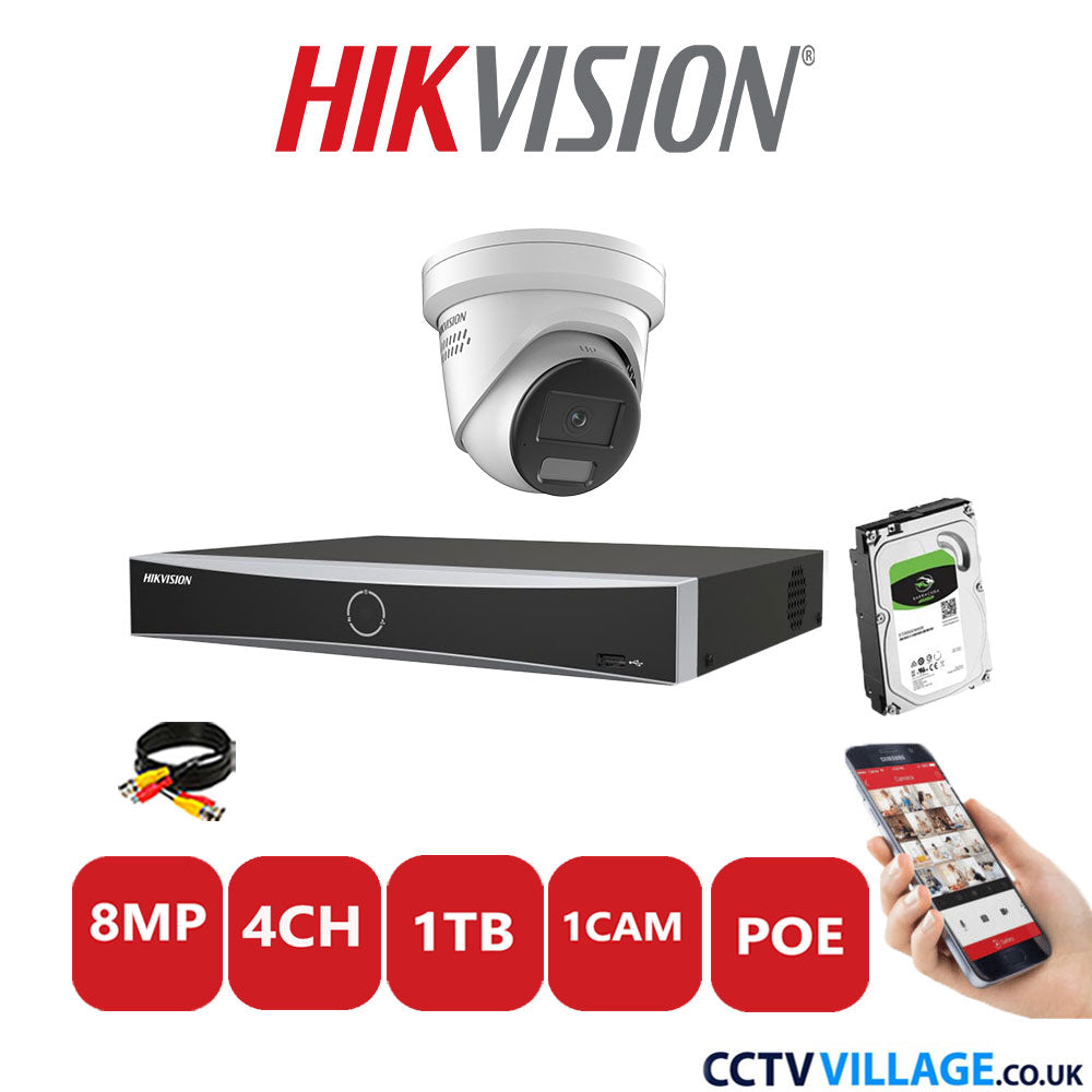 Hikvision 8MP IP CCTV Kit 4 Channel NVR-DS7604NXI-K1/4P with 1x Turret Camera DS-2CD2387G2H-LISU/SL White 1TB HDD Full Kit