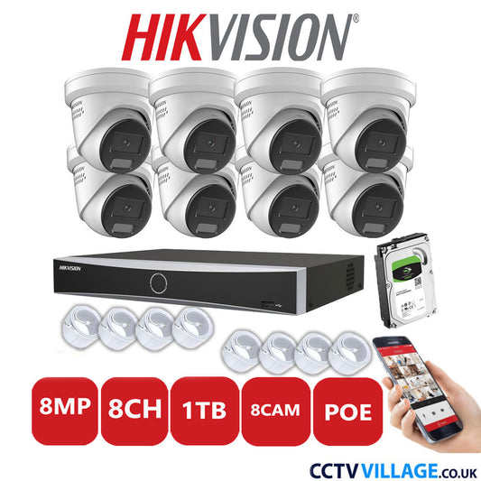 Hikvision 8MP IP CCTV System 8 Channel NVR-DS7608NXI-K1/8P with 8x Turret Cameras DS-2CD2387G2H-LISU/SL White 1TB HDD Full Kit