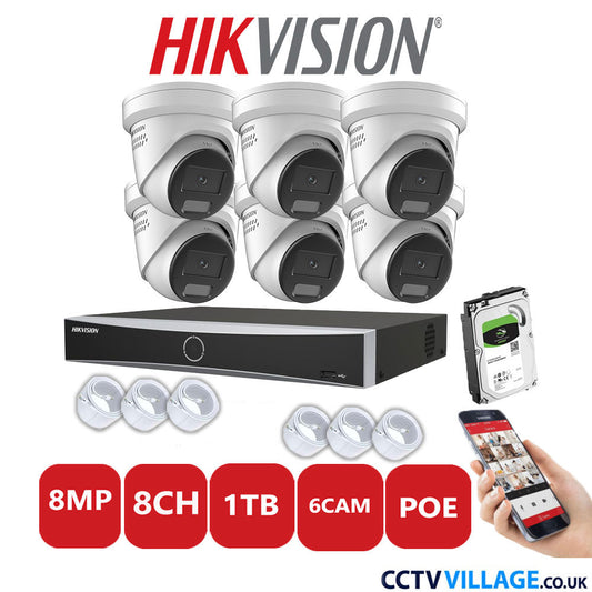 Hikvision 8MP IP CCTV System 8 Channel NVR-DS7608NXI-K1/8P with 6x Turret Cameras DS-2CD2387G2H-LISU/SL White 1TB HDD Full Kit