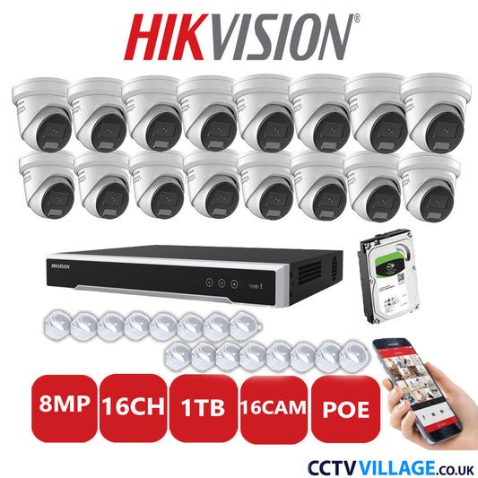 Hikvision 8MP IP CCTV System 16 Channel NVR-DS7616NI-I2/16P with 16x Turret DS-2CD2387G2H-LISU/SL White 1TB HDD Full Kit