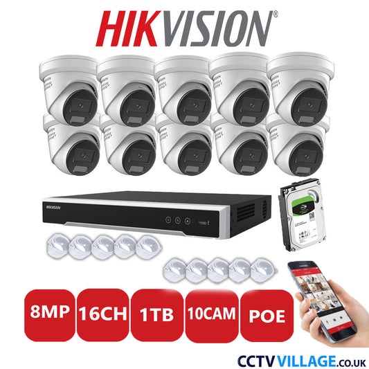 Hikvision 8MP IP CCTV System 16 Channel NVR-DS7616NI-I2/16P with 10x Turret DS-2CD2387G2H-LISU/SL White 1TB HDD Full Kit