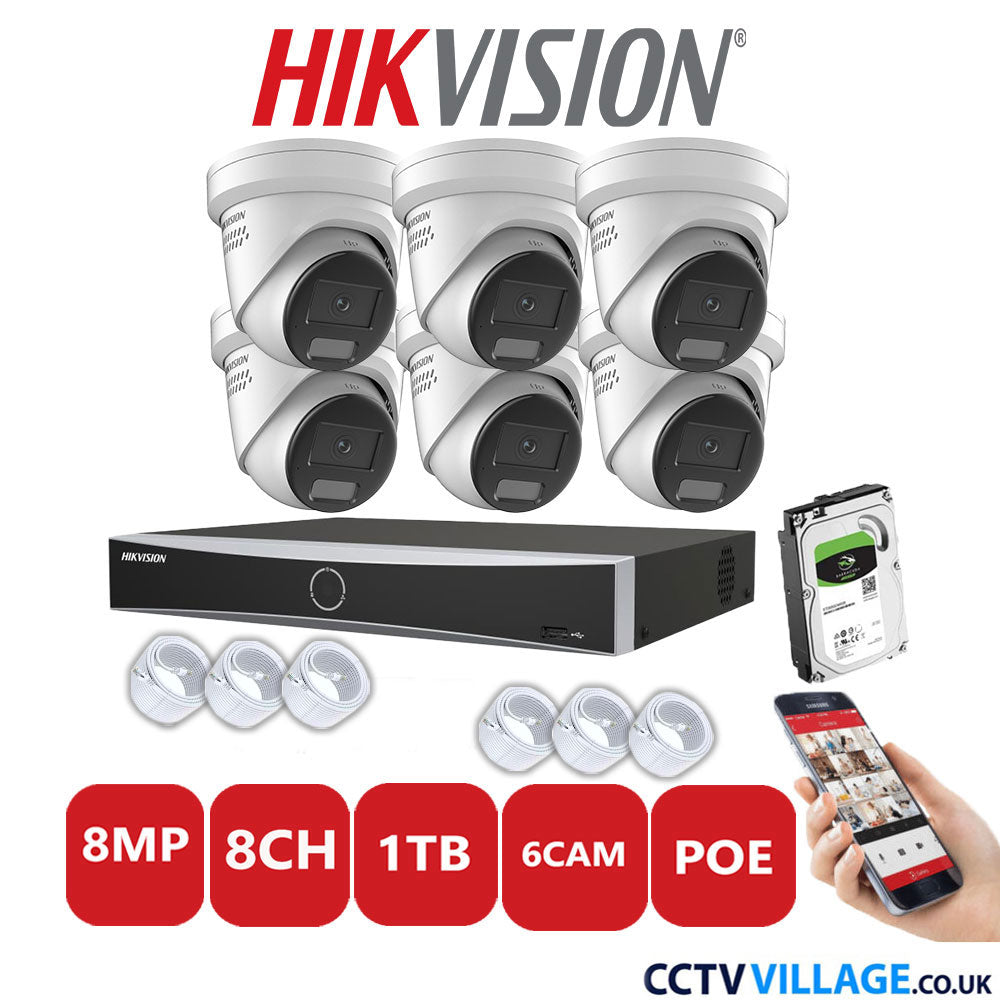 Hikvision 8MP IP CCTV System 8 Channel NVR-DS7608NXI-K2/8P with 6x Turret Cameras DS-2CD2387G2H-LISU/SL White 1TB HDD Full Kit