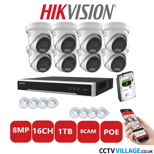 Hikvision 8MP IP CCTV System 16 Channel NVR-DS7616NI-I2/16P with 8x Turret DS-2CD2387G2H-LISU/SL White 1TB HDD Full Kit