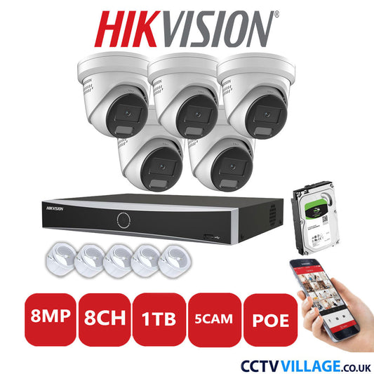 Hikvision 8MP IP CCTV System 8 Channel NVR-DS7608NXI-K2/8P with 5x Turret Cameras DS-2CD2387G2H-LISU/SL White 1TB HDD Full Kit