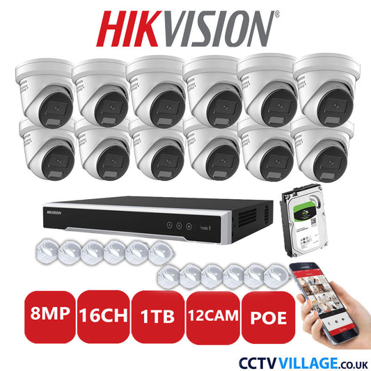 Hikvision 8MP IP CCTV System 16 Channel NVR-DS7616NI-I2/16P with 12x Turret DS-2CD2387G2H-LISU/SL White 1TB HDD Full Kit