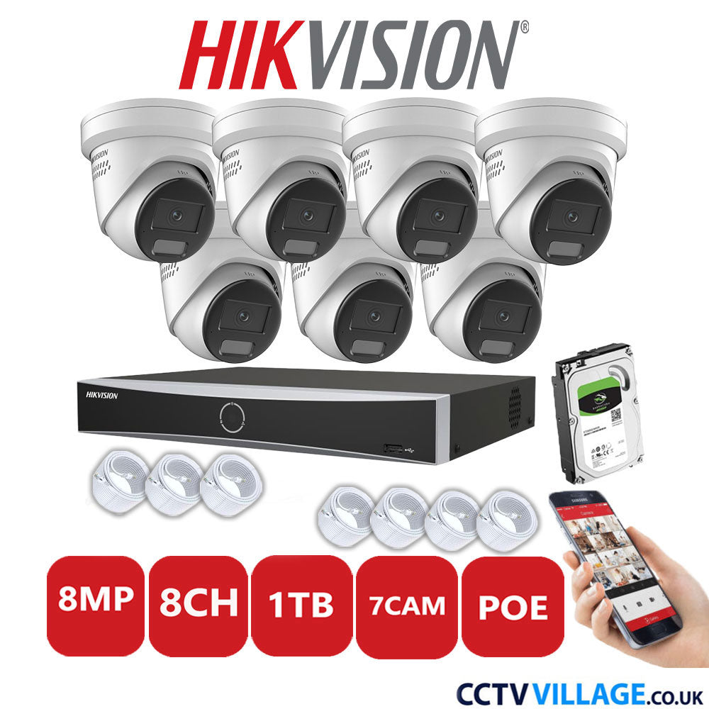 Hikvision 8MP IP CCTV System 8 Channel NVR-DS7608NXI-K2/8P with 7x Turret Cameras DS-2CD2387G2H-LISU/SL White 1TB HDD Full Kit