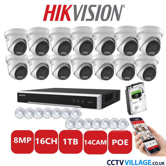 Hikvision 8MP IP CCTV System 16 Channel NVR-DS7616NI-I2/16P with 14x Turret DS-2CD2387G2H-LISU/SL White 1TB HDD Full Kit