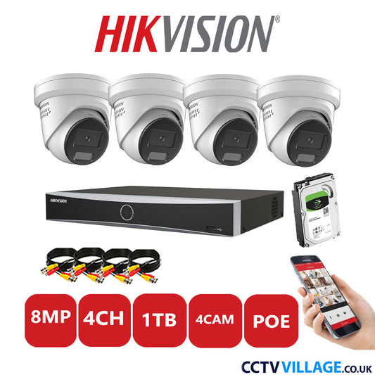 Hikvision 8MP IP CCTV Kit 4 Channel NVR-DS7604NXI-K1/4P with 4x Turret Cameras DS-2CD2387G2H-LISU/SL White 1TB HDD Full Kit