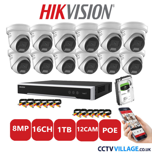 Hikvision 8MP IP CCTV System 16 Channel NVR-DS7616NI-I2/16P with 12x Turret DS-2CD2387G2H-LISU/SL White 1TB HDD Full Kit