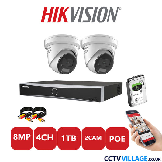 Hikvision 8MP IP CCTV Kit 4 Channel NVR-DS7604NXI-K1/4P with 2x Turret Cameras DS-2CD2387G2H-LISU/SL White 1TB HDD Full Kit