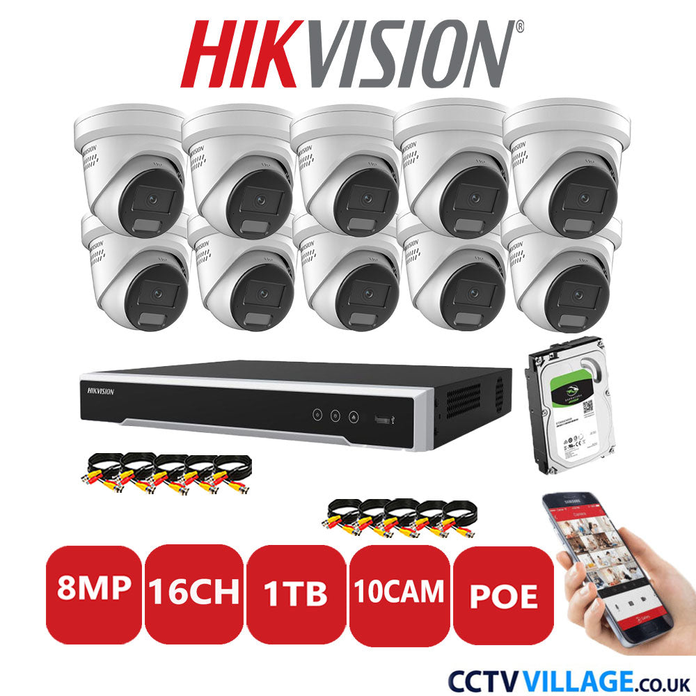 Hikvision 8MP IP CCTV System 16 Channel NVR-DS7616NI-I2/16P with 10x Turret DS-2CD2387G2H-LISU/SL White 1TB HDD Full Kit