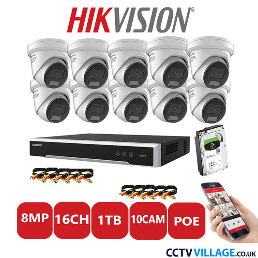 Hikvision 8MP IP CCTV System 16 Channel NVR-DS7616NI-I2/16P with 10x Turret DS-2CD2387G2H-LISU/SL White 1TB HDD Full Kit