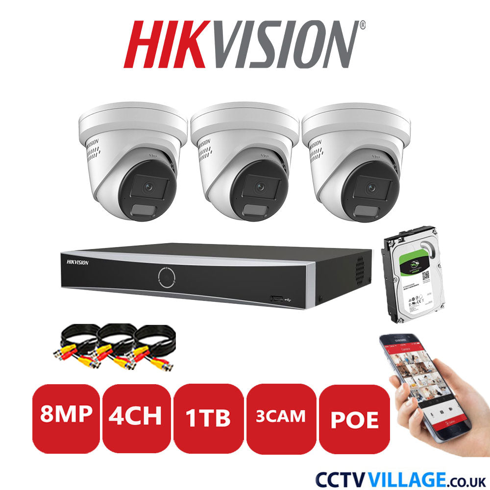 Hikvision 8MP IP CCTV Kit 4 Channel NVR-DS7604NXI-K1/4P with 3x Turret Cameras DS-2CD2387G2H-LISU/SL White 1TB HDD Full Kit