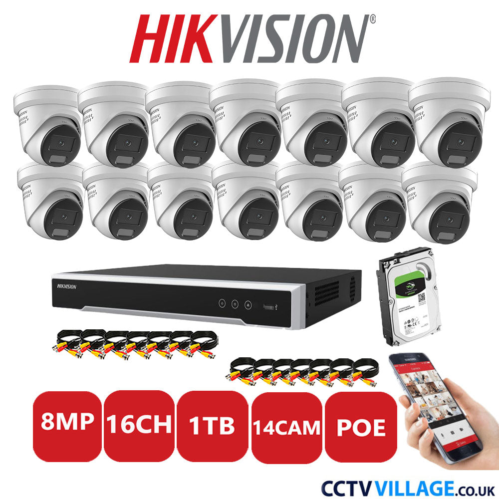 Hikvision 8MP IP CCTV System 16 Channel NVR-DS7616NI-I2/16P with 14x Turret DS-2CD2387G2H-LISU/SL White 1TB HDD Full Kit