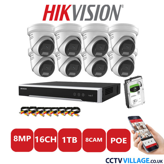 Hikvision 8MP IP CCTV System 16 Channel NVR-DS7616NI-I2/16P with 8x Turret DS-2CD2387G2H-LISU/SL White 1TB HDD Full Kit