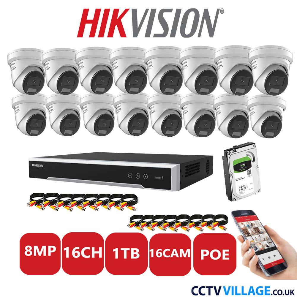 Hikvision 8MP IP CCTV System 16 Channel NVR-DS7616NI-I2/16P with 16x Turret DS-2CD2387G2H-LISU/SL White 1TB HDD Full Kit