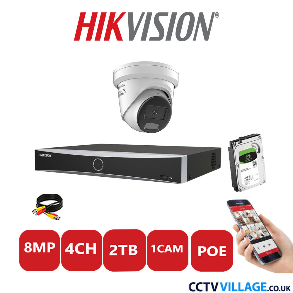 Hikvision 8MP IP CCTV Kit 4 Channel NVR-DS7604NXI-K1/4P with 1x Turret Camera DS-2CD2387G2H-LISU/SL White 2TB HDD Full Kit